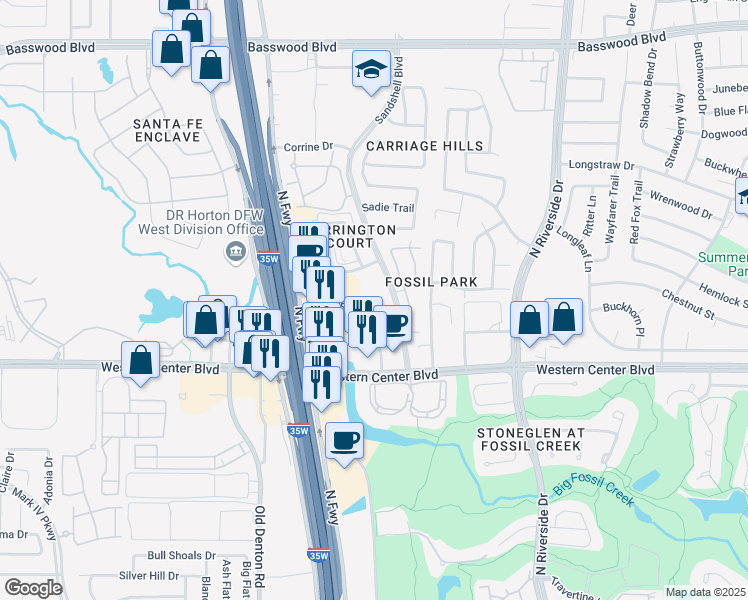 map of restaurants, bars, coffee shops, grocery stores, and more near 3301 Hartnett Way in Fort Worth