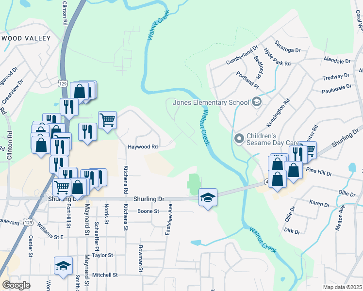 map of restaurants, bars, coffee shops, grocery stores, and more near 1197 Haywood Road in Macon
