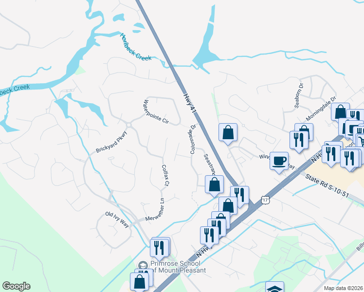 map of restaurants, bars, coffee shops, grocery stores, and more near 1344 Wynbrook Trce in Mount Pleasant