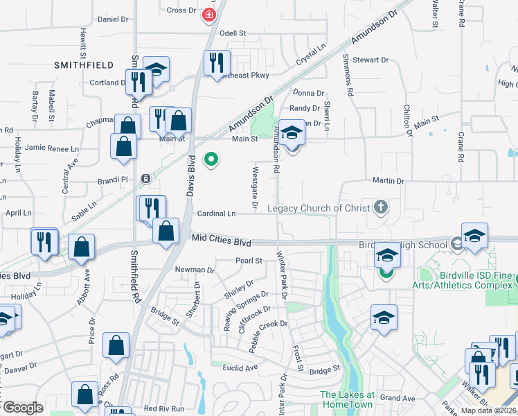 map of restaurants, bars, coffee shops, grocery stores, and more near 6400 Westgate Drive in North Richland Hills