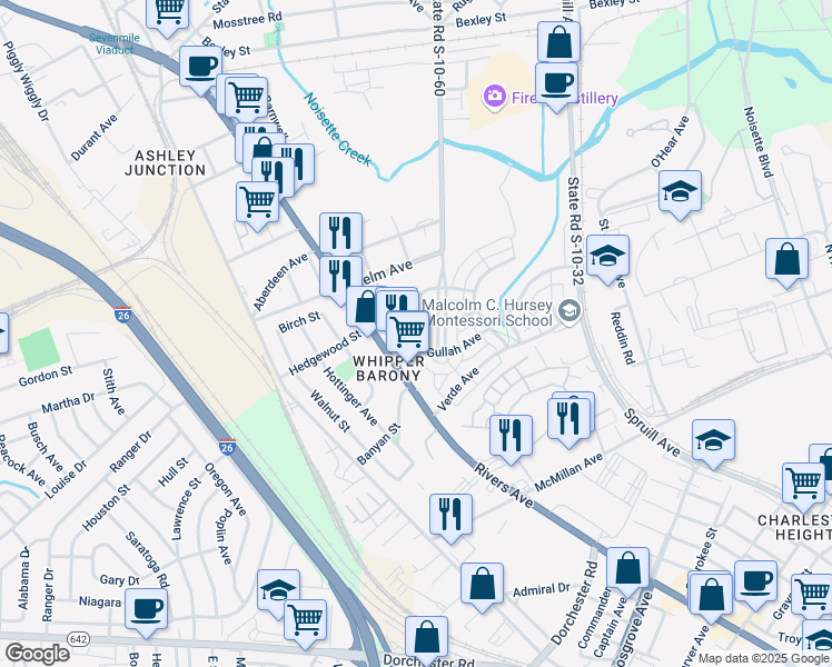 map of restaurants, bars, coffee shops, grocery stores, and more near 3916 Whipper Barony Lane in North Charleston