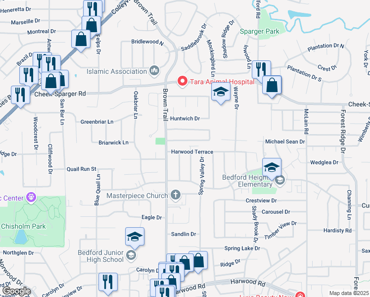 map of restaurants, bars, coffee shops, grocery stores, and more near 709 Harwood Terrace in Bedford