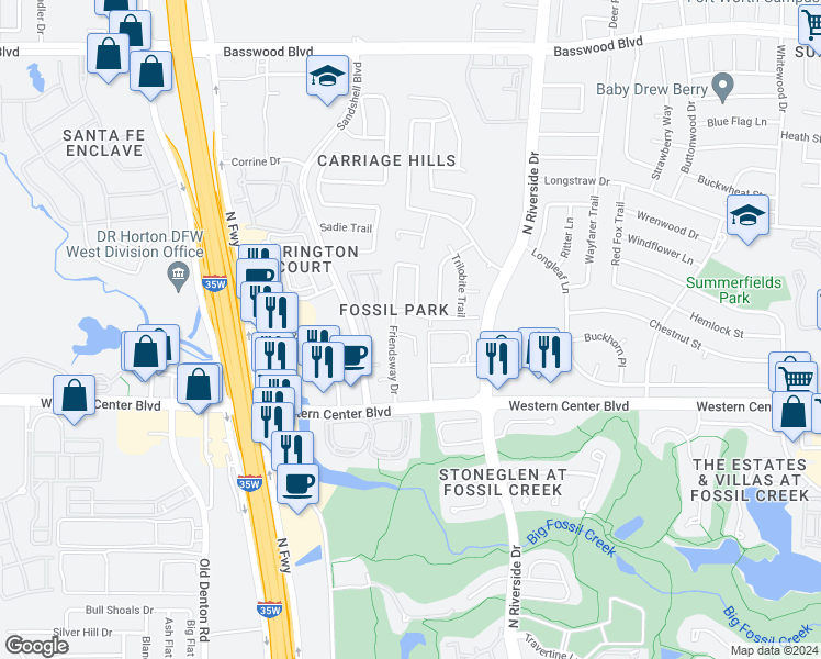 map of restaurants, bars, coffee shops, grocery stores, and more near 3413 Baby Doe Court in Fort Worth