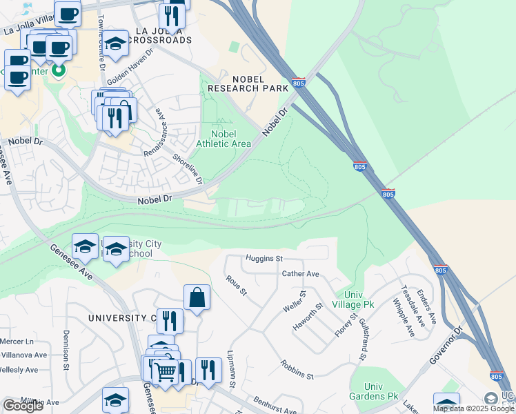 map of restaurants, bars, coffee shops, grocery stores, and more near 7180 Shoreline Drive in San Diego