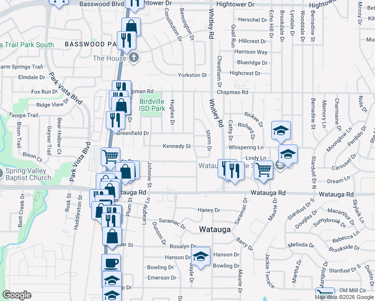 map of restaurants, bars, coffee shops, grocery stores, and more near 5744 Kennedy Street in Watauga