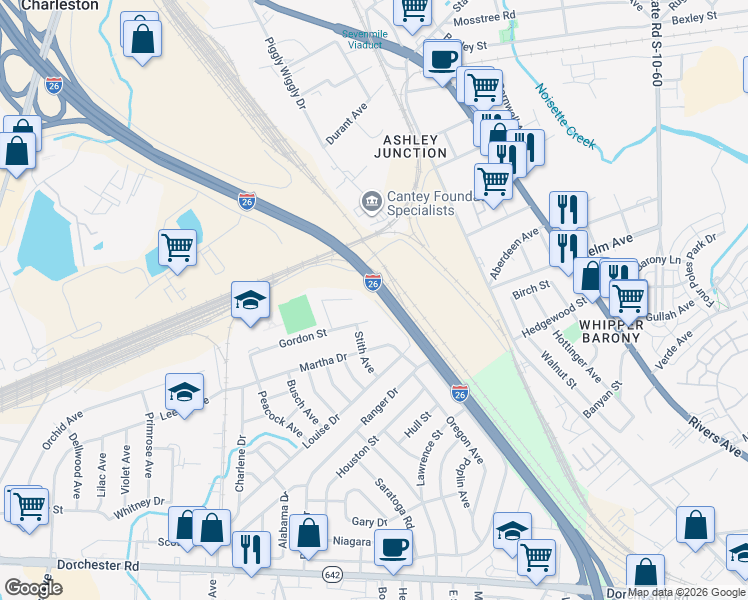 map of restaurants, bars, coffee shops, grocery stores, and more near 2670 Louise Drive in North Charleston