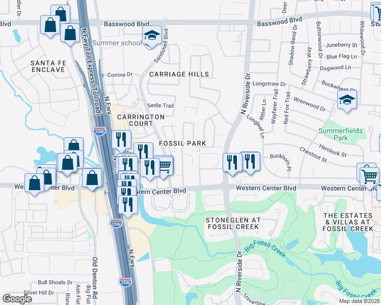 map of restaurants, bars, coffee shops, grocery stores, and more near 3411 Baby Doe Court in Fort Worth