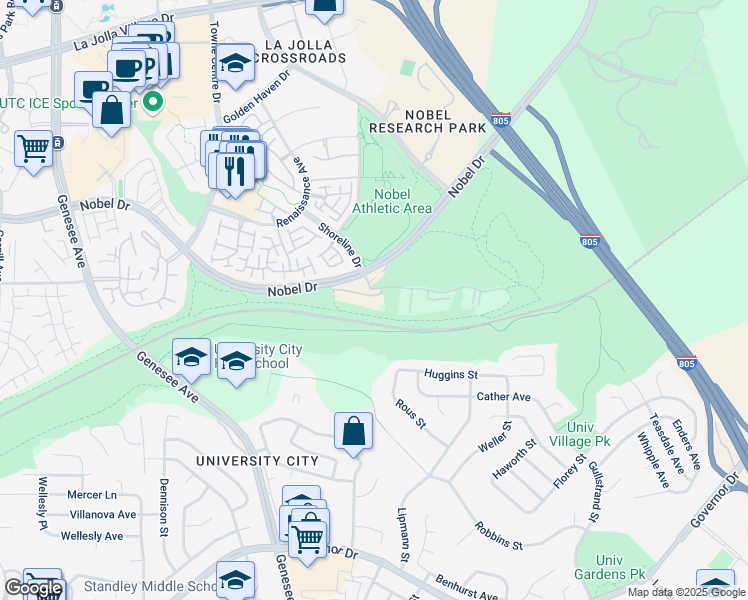 map of restaurants, bars, coffee shops, grocery stores, and more near 7120 Shoreline Drive in San Diego