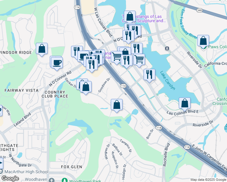 map of restaurants, bars, coffee shops, grocery stores, and more near 250 East John W Carpenter Freeway in Irving