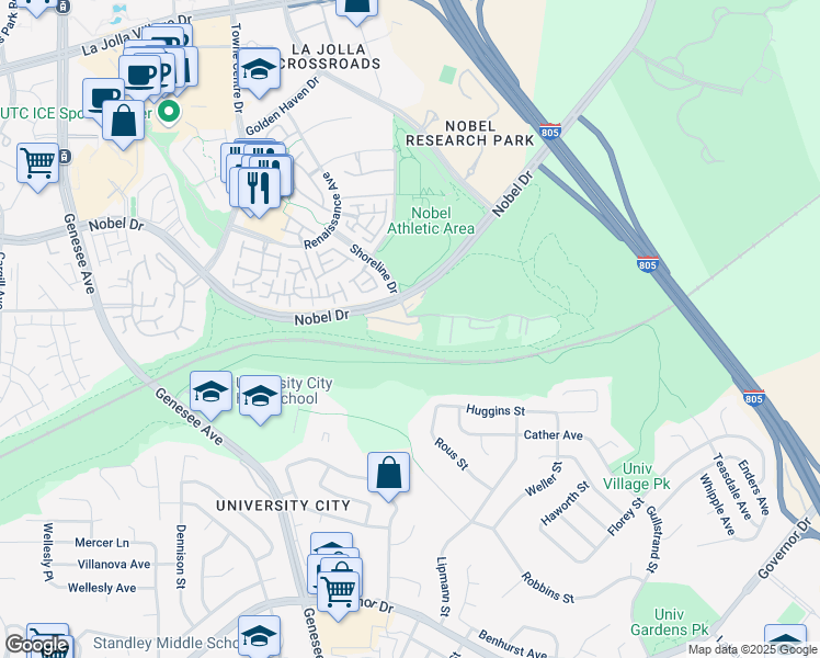 map of restaurants, bars, coffee shops, grocery stores, and more near 7120 Shoreline Drive in San Diego