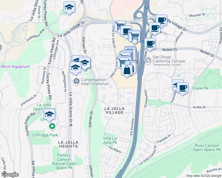 map of restaurants, bars, coffee shops, grocery stores, and more near 8650 Via Mallorca in San Diego