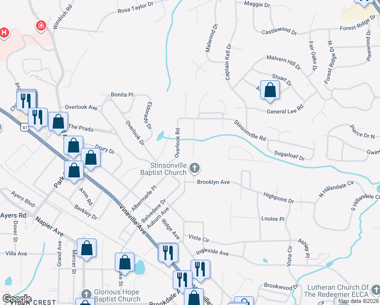 map of restaurants, bars, coffee shops, grocery stores, and more near 416 Steeple Chase Road in Macon