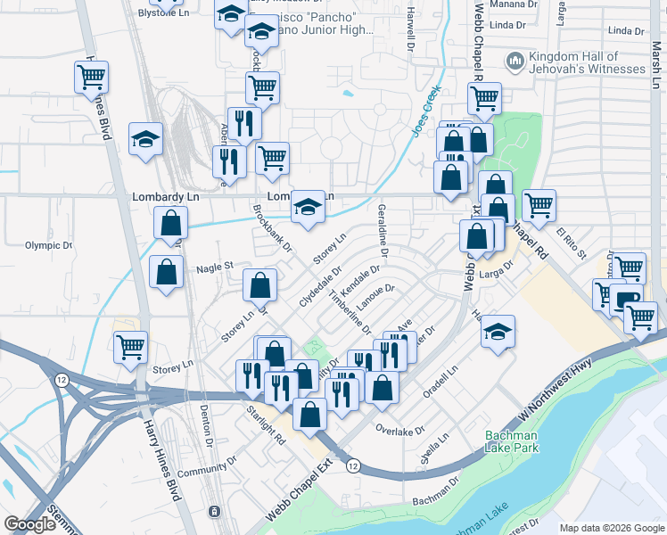 map of restaurants, bars, coffee shops, grocery stores, and more near 3123 Clydedale Drive in Dallas