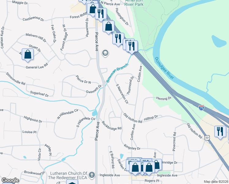 map of restaurants, bars, coffee shops, grocery stores, and more near 2577 Old Holton Road in Macon