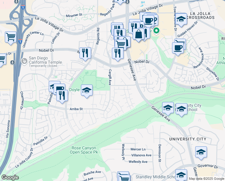 map of restaurants, bars, coffee shops, grocery stores, and more near 8052 Camino Huerta in San Diego