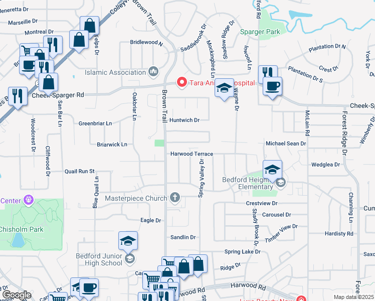 map of restaurants, bars, coffee shops, grocery stores, and more near 709 Harwood Terrace in Bedford