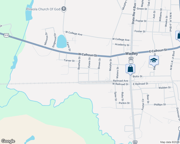 map of restaurants, bars, coffee shops, grocery stores, and more near 209 Washington Street in Wadley