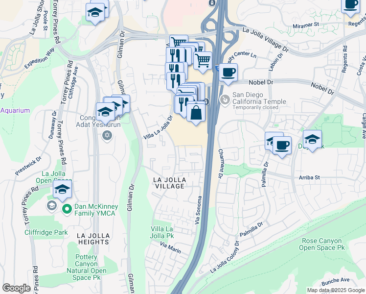 map of restaurants, bars, coffee shops, grocery stores, and more near 8579 Via Mallorca in San Diego
