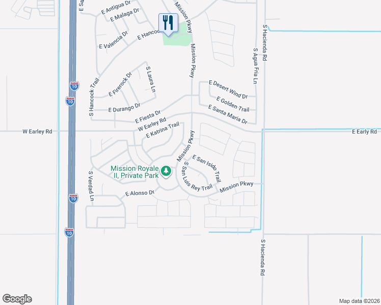 map of restaurants, bars, coffee shops, grocery stores, and more near 2558 East San Isido Trail in Casa Grande