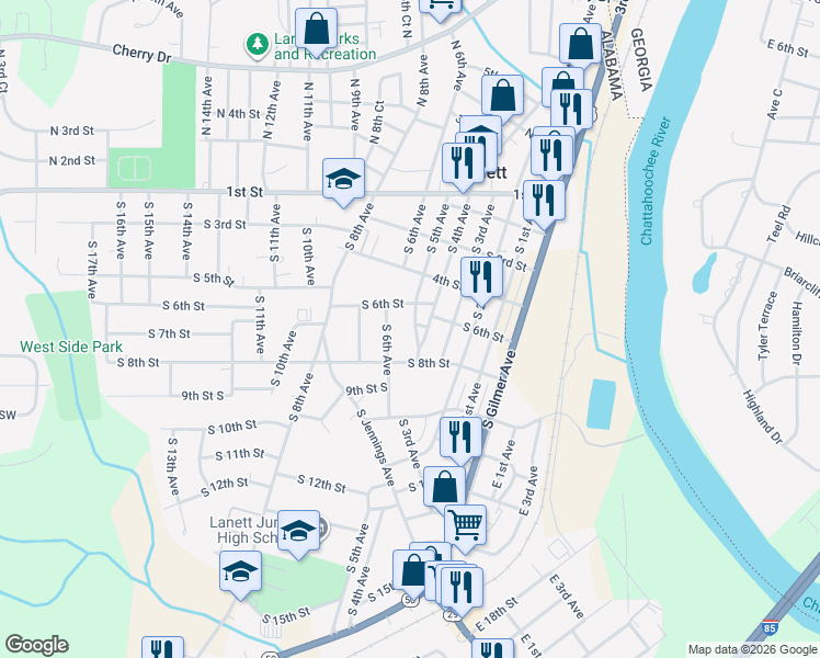 map of restaurants, bars, coffee shops, grocery stores, and more near 611 South 6th Avenue in Lanett