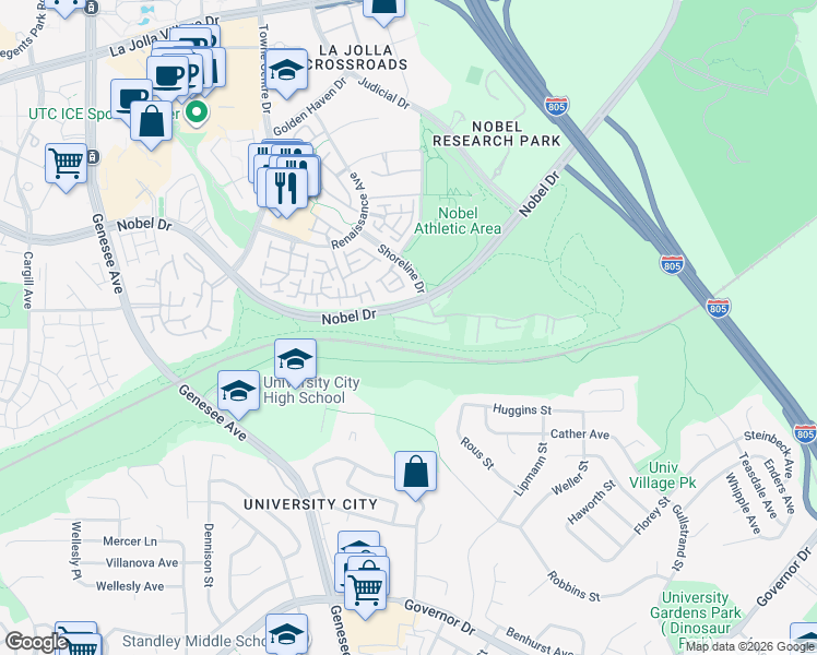 map of restaurants, bars, coffee shops, grocery stores, and more near 7120 Shoreline Drive in San Diego