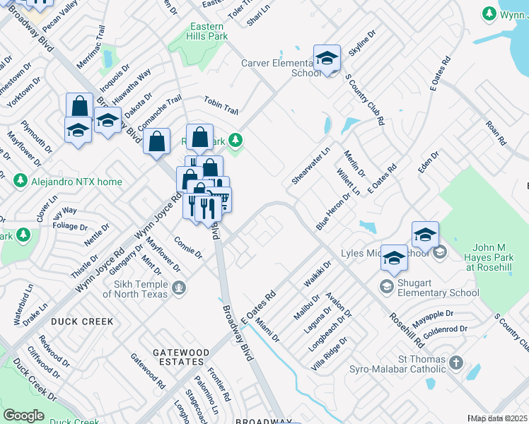map of restaurants, bars, coffee shops, grocery stores, and more near 4305 Rosehill Road in Garland