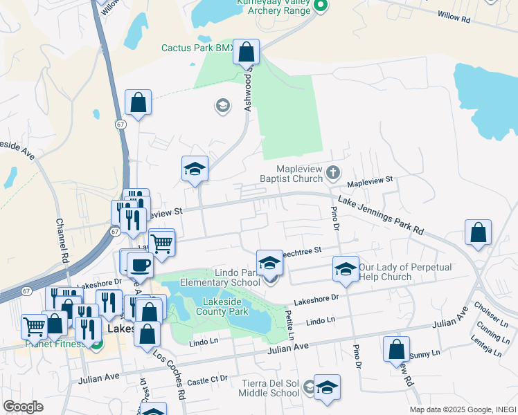 map of restaurants, bars, coffee shops, grocery stores, and more near 12923 Mapleview Street in Lakeside