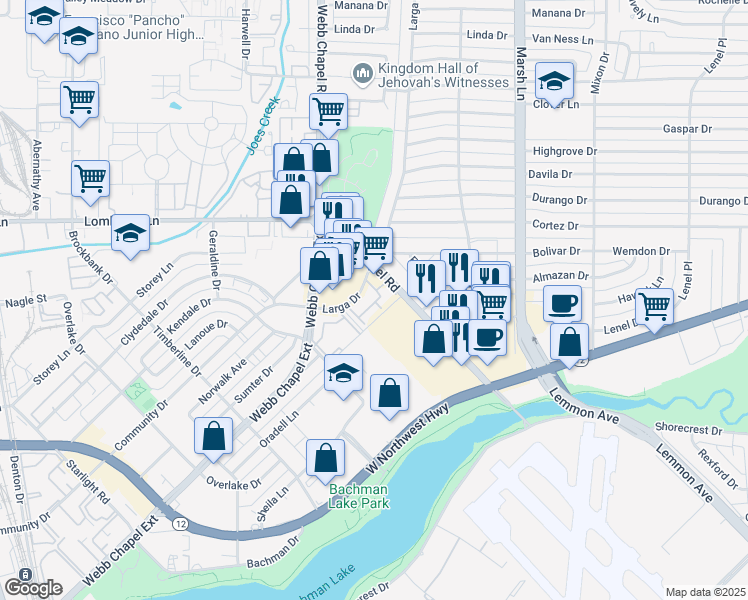 map of restaurants, bars, coffee shops, grocery stores, and more near 9494 Larga Drive in Dallas