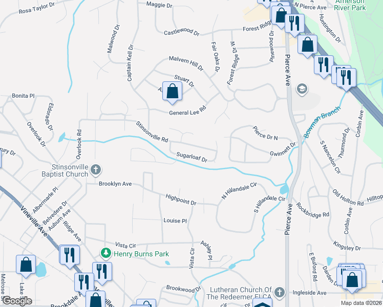map of restaurants, bars, coffee shops, grocery stores, and more near 521 Sugarloaf Drive in Macon