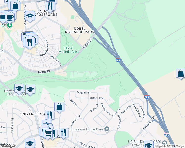 map of restaurants, bars, coffee shops, grocery stores, and more near 7190 Shoreline Drive in San Diego