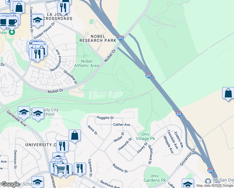 map of restaurants, bars, coffee shops, grocery stores, and more near 7190 Shoreline Drive in San Diego