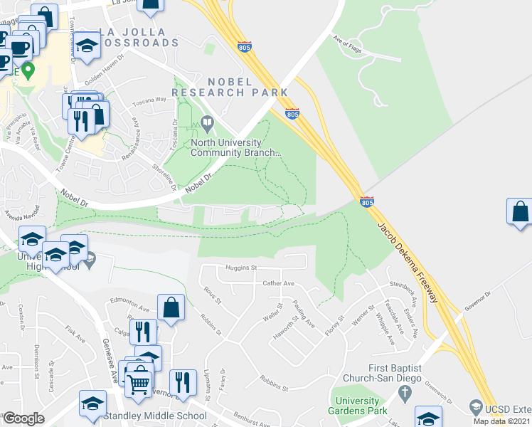 map of restaurants, bars, coffee shops, grocery stores, and more near 7190 Shoreline Drive in San Diego