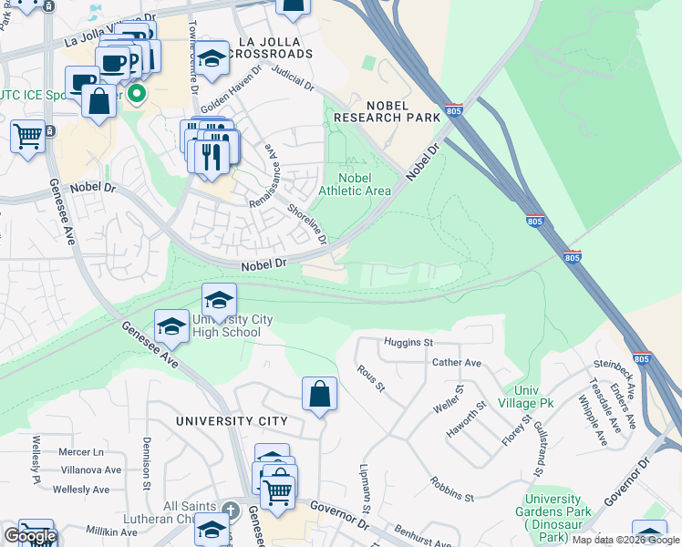 map of restaurants, bars, coffee shops, grocery stores, and more near 7120 Shoreline Drive in San Diego