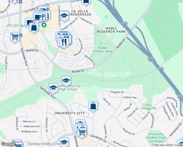 map of restaurants, bars, coffee shops, grocery stores, and more near 7120 Shoreline Drive in San Diego