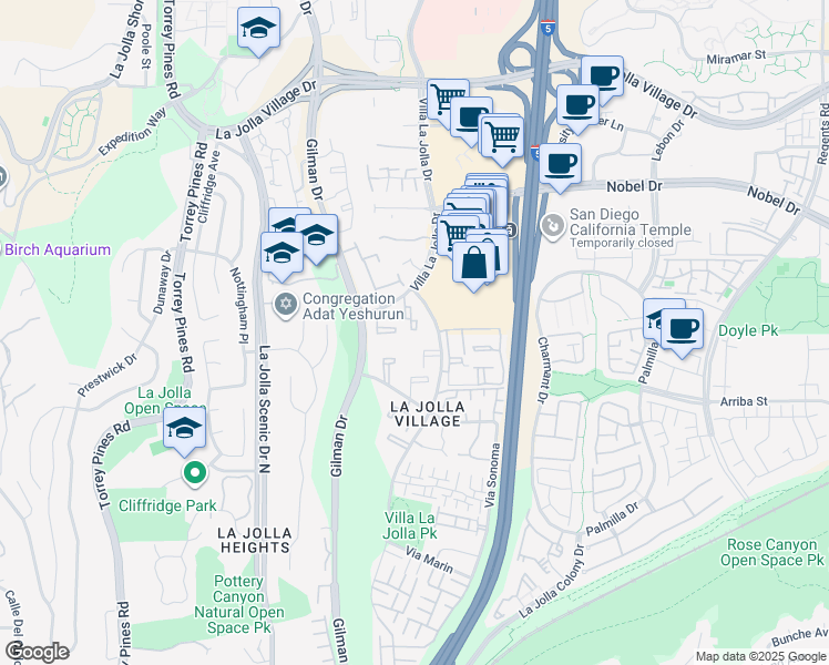 map of restaurants, bars, coffee shops, grocery stores, and more near 8650 Via Mallorca in San Diego