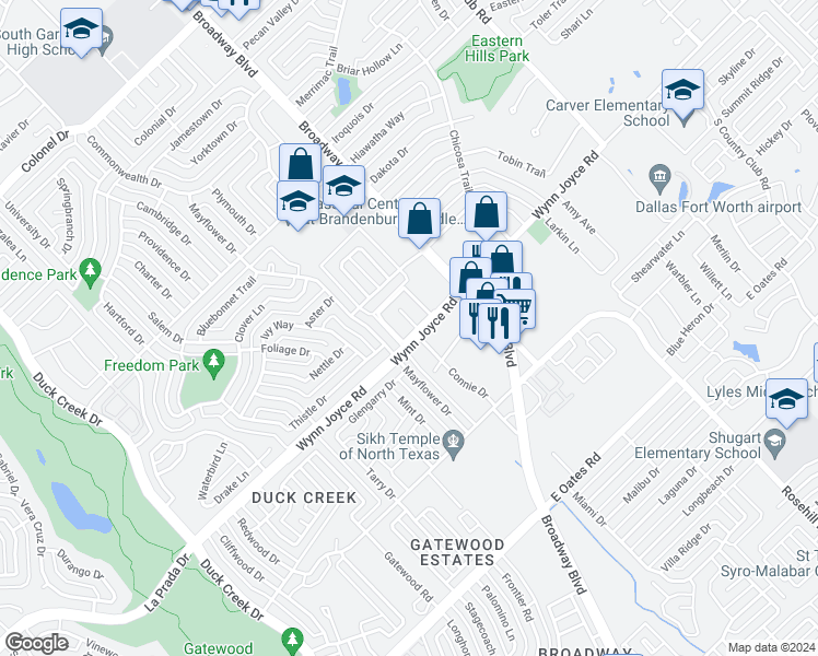 map of restaurants, bars, coffee shops, grocery stores, and more near 3933 Wyre Drive in Garland