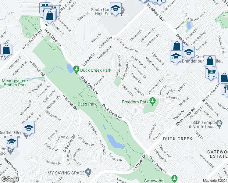 map of restaurants, bars, coffee shops, grocery stores, and more near 4266 Duck Creek Drive in Garland
