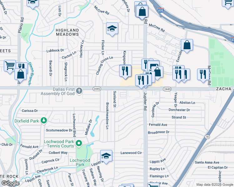 map of restaurants, bars, coffee shops, grocery stores, and more near 11218 Northwest Highway in Dallas