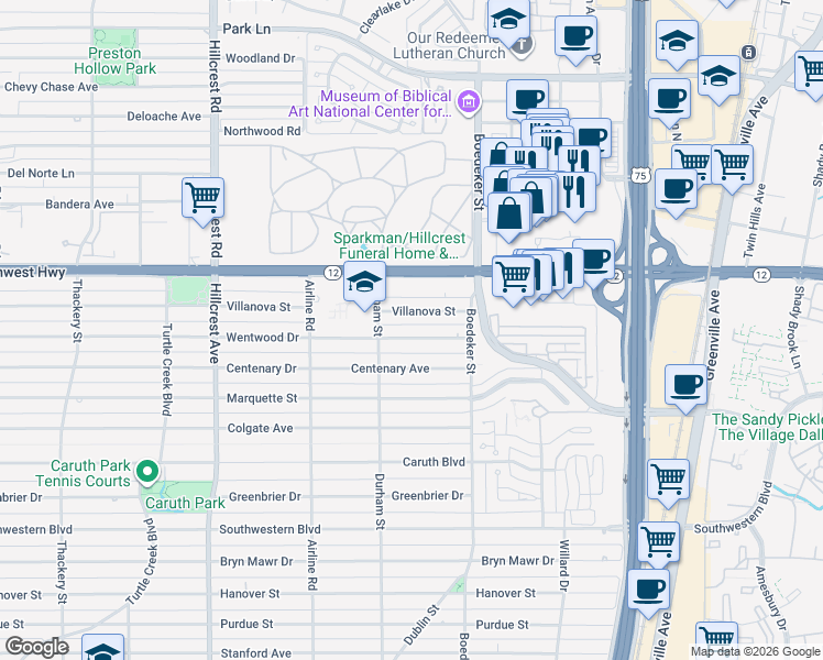 map of restaurants, bars, coffee shops, grocery stores, and more near 7503 Wentwood Drive in Dallas