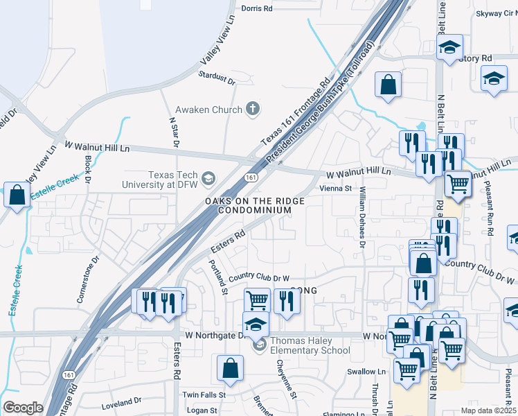 map of restaurants, bars, coffee shops, grocery stores, and more near 4004 Hanaa Court in Irving