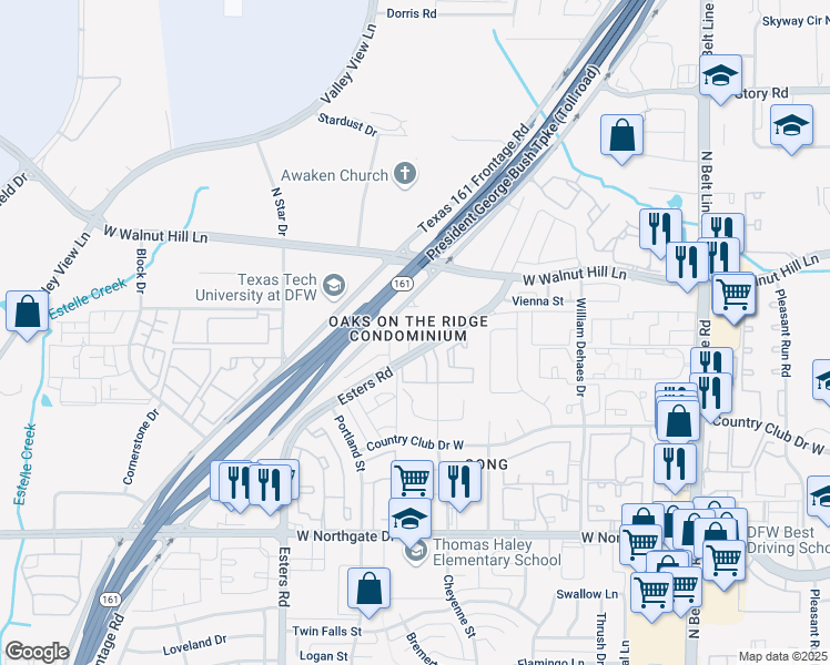 map of restaurants, bars, coffee shops, grocery stores, and more near 4004 Hanaa Court in Irving