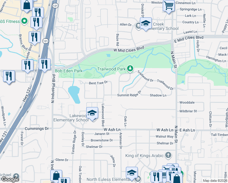 map of restaurants, bars, coffee shops, grocery stores, and more near 1801 Bent Tree Drive in Euless