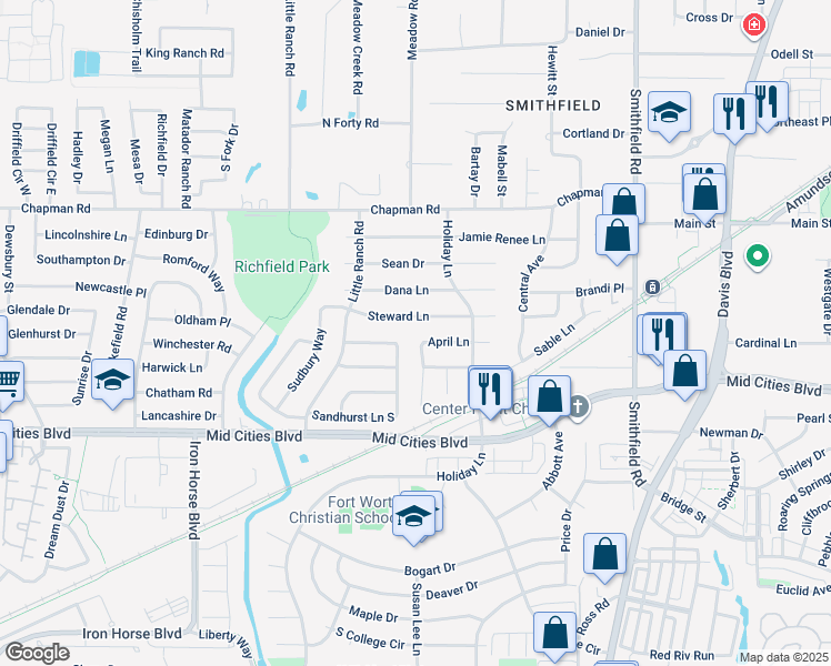 map of restaurants, bars, coffee shops, grocery stores, and more near 7443 Sandhurst Lane North in North Richland Hills