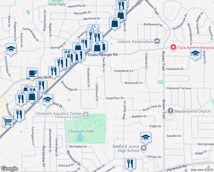 map of restaurants, bars, coffee shops, grocery stores, and more near 3613 San Bar Lane in Colleyville