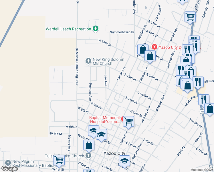 map of restaurants, bars, coffee shops, grocery stores, and more near 1107 Mareed Avenue in Yazoo City