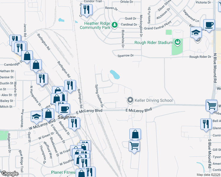 map of restaurants, bars, coffee shops, grocery stores, and more near 437 Brookhollow Lane in Saginaw