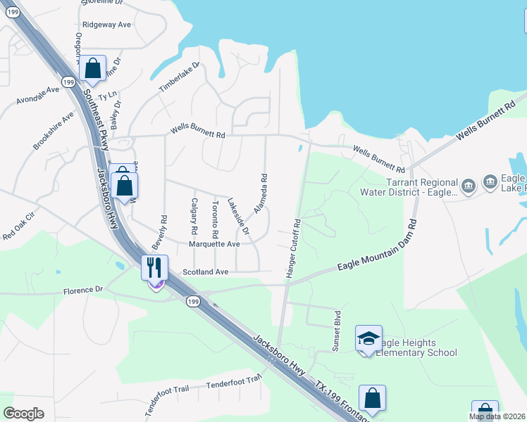 map of restaurants, bars, coffee shops, grocery stores, and more near 512 Alameda Road in Azle