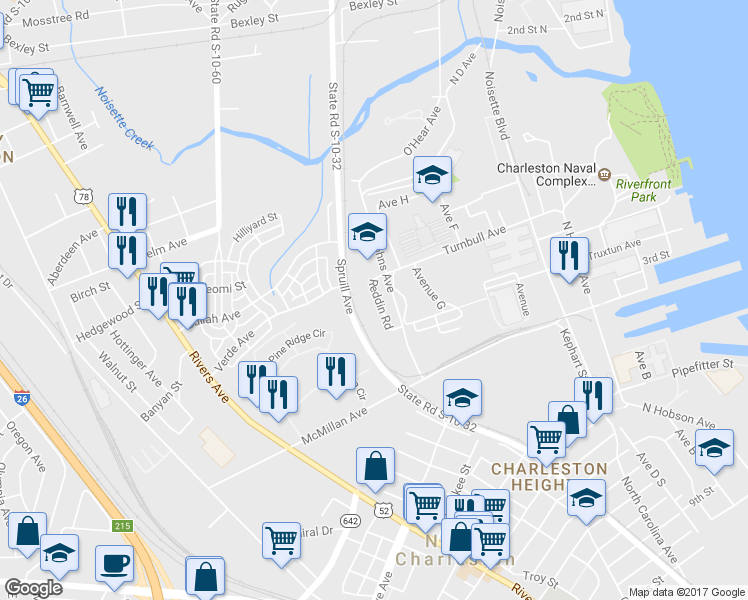 map of restaurants, bars, coffee shops, grocery stores, and more near 3845 Reddin Road in North Charleston