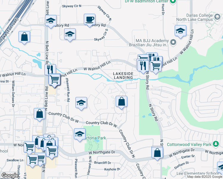 map of restaurants, bars, coffee shops, grocery stores, and more near 4312 Caleta Drive in Irving