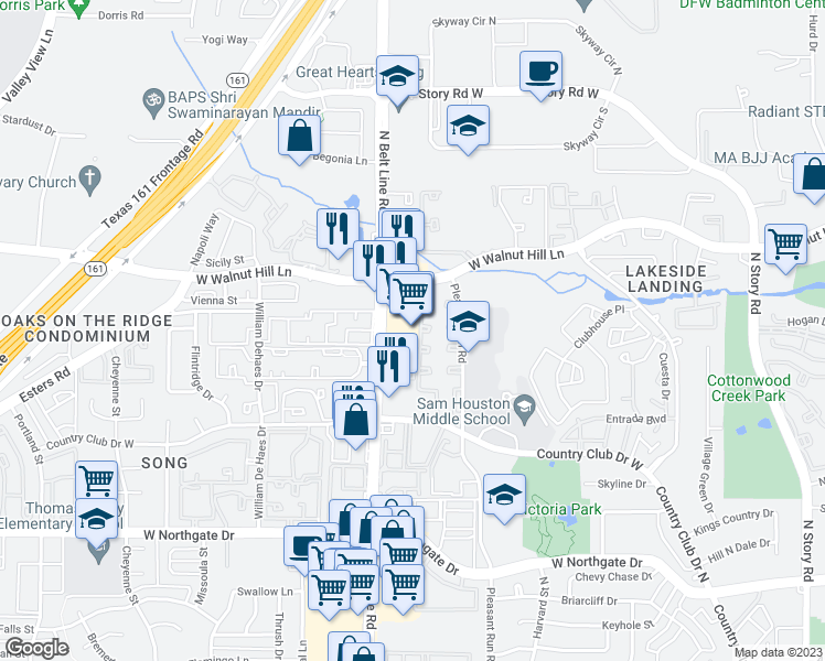 map of restaurants, bars, coffee shops, grocery stores, and more near 4070 North Belt Line Road in Irving